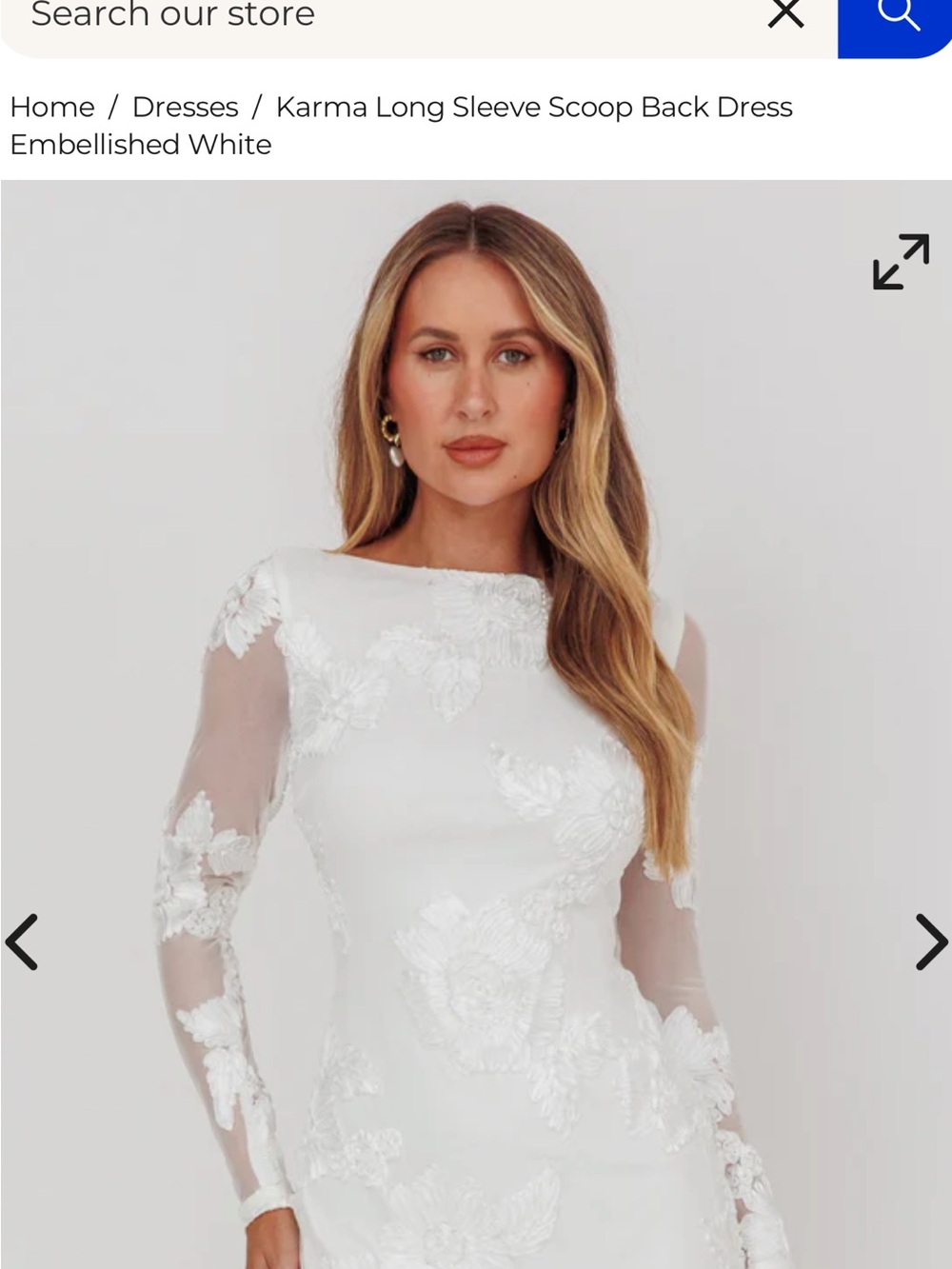 Karma White Embroidered Long Sleeve Scoop Back Dress